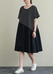 Handmade o neck patchwork Cotton Tunic Neckline black striped Dress - SooLinen