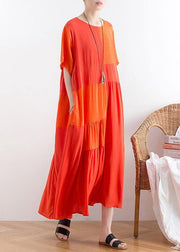 Handmade o neck patchwork cotton clothes For Women Catwalk orange long Dress - SooLinen