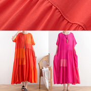 Handmade o neck patchwork cotton clothes For Women Catwalk orange long Dress - SooLinen