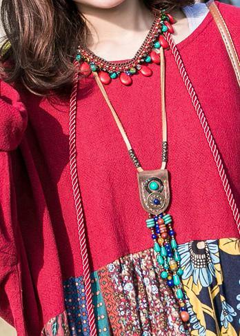 Handmade o neck patchwork cotton linen clothes Neckline red Dresses spring - SooLinen