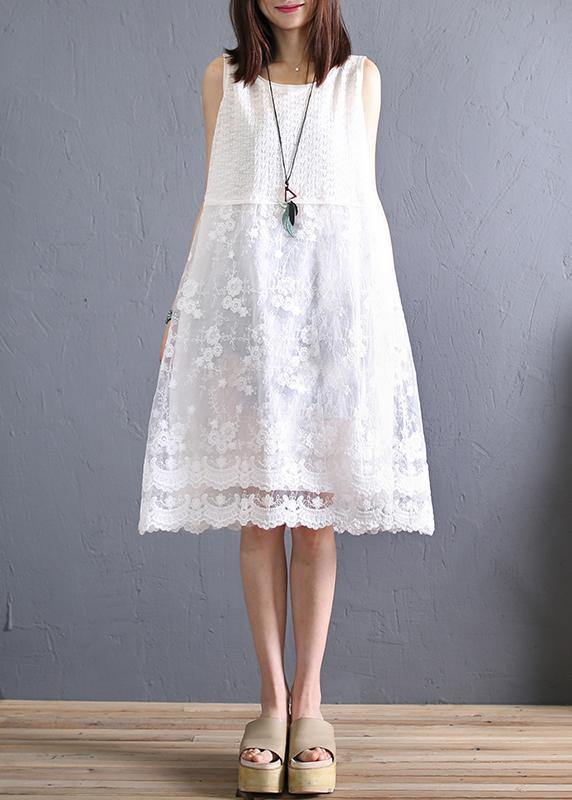 Handmade o neck patchwork linen lace clothes Inspiration beige Dress - SooLinen