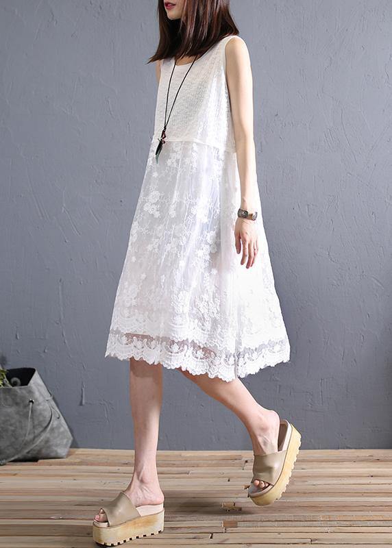 Handmade o neck patchwork linen lace clothes Inspiration beige Dress - SooLinen