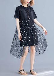 Handmade o neck patchwork tulle Cotton black Dress summer - SooLinen
