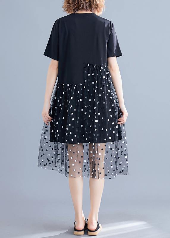 Handmade o neck patchwork tulle Cotton black Dress summer - SooLinen