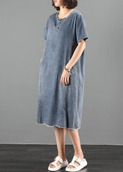 Handmade o neck pockets Wardrobes Fabrics denim blue Dresses - SooLinen
