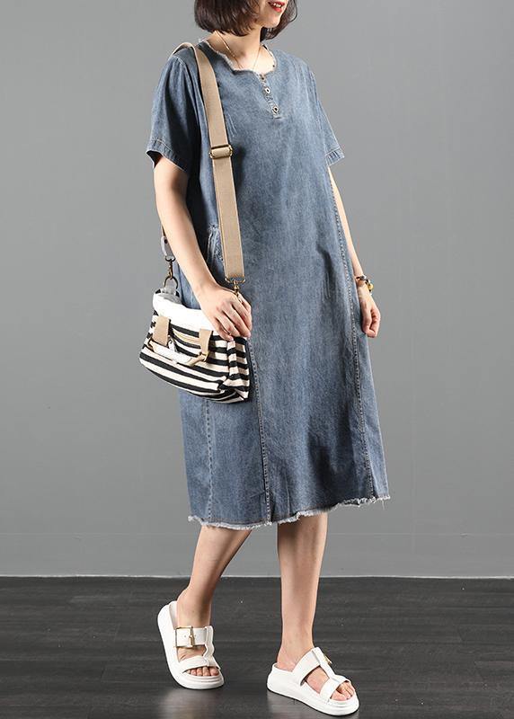 Handmade o neck pockets Wardrobes Fabrics denim blue Dresses - SooLinen