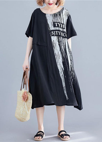 Handmade o neck pockets cotton dresses black print Maxi Dresses summer - SooLinen