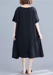 Handmade o neck pockets cotton dresses black print Maxi Dresses summer - SooLinen