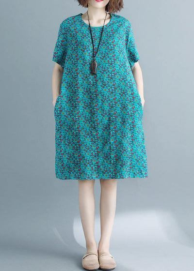 Handmade o neck pockets cotton linen outfit green print Dresses summer - SooLinen