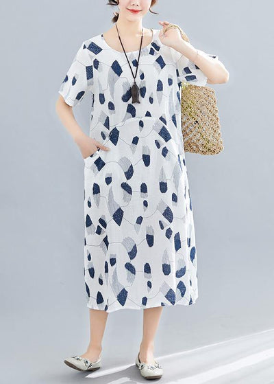 Handmade o neck pockets linen dresses Sewing navy print Dress summer - SooLinen