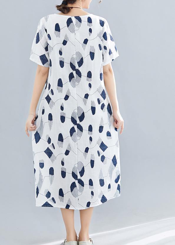 Handmade o neck pockets linen dresses Sewing navy print Dress summer - SooLinen
