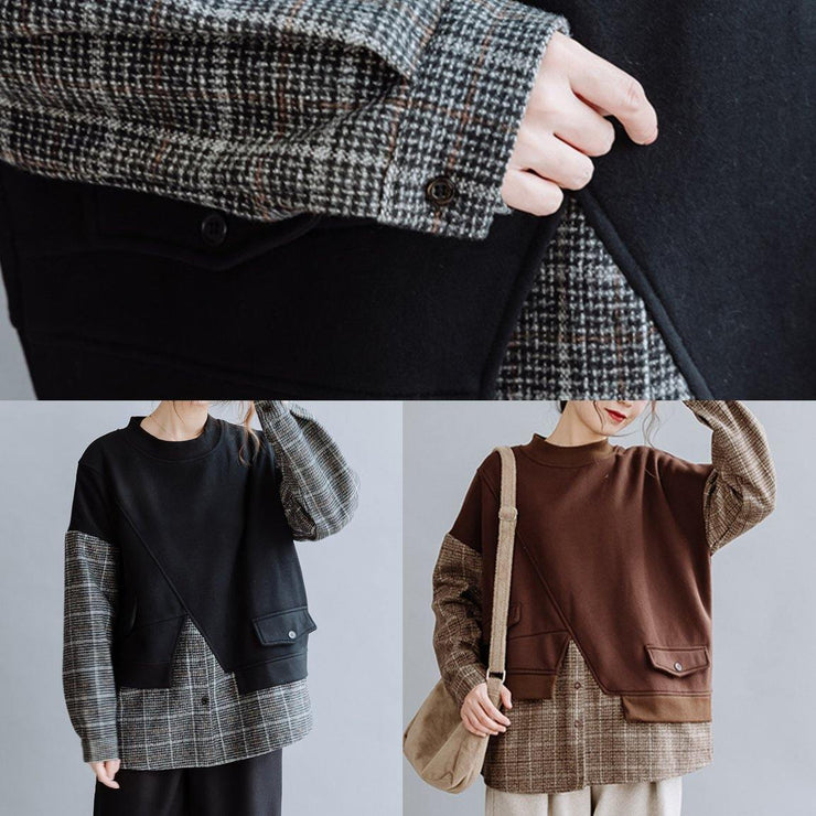 Handmade o neck shirts women design chocolate patchwork plaid top - SooLinen