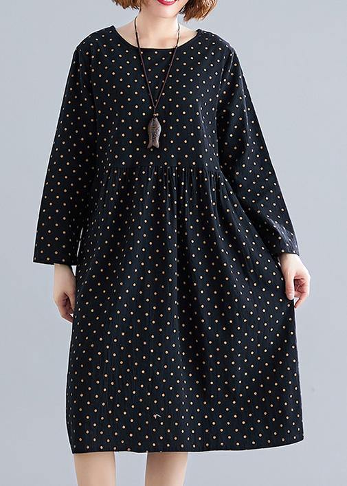 Handmade o neck Cinched Cotton spring Tunics pattern black dotted Dress - SooLinen