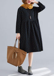 Handmade o neck Cinched Cotton spring Tunics pattern black dotted Dress - SooLinen