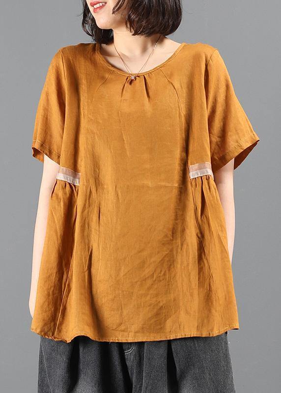 Handmade o neck Cinched Shirts yellow blouse - SooLinen