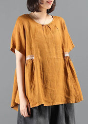 Handmade o neck Cinched Shirts yellow blouse - SooLinen