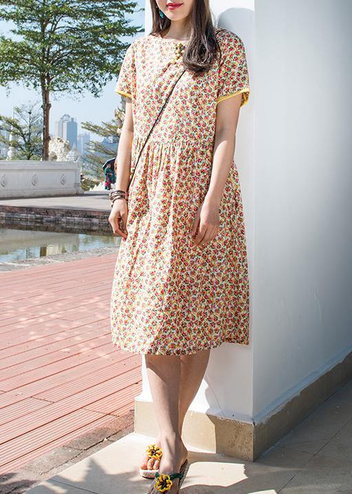 Handmade o neck Cinched cotton dresses Sleeve pink print Dress summer - SooLinen