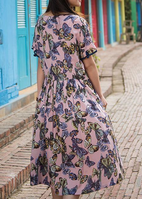 Handmade o neck Cinched cotton dresses Sleeve pink print Dress summer - SooLinen