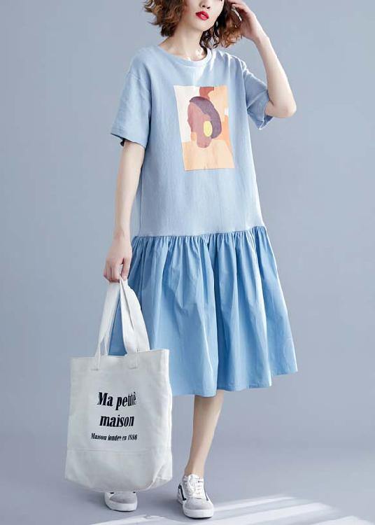 Handmade o neck Cinched linen cotton blue print Dresses summer - SooLinen