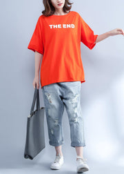 Handmade orange cotton clothes For Women prints o neck short summer shirt - SooLinen