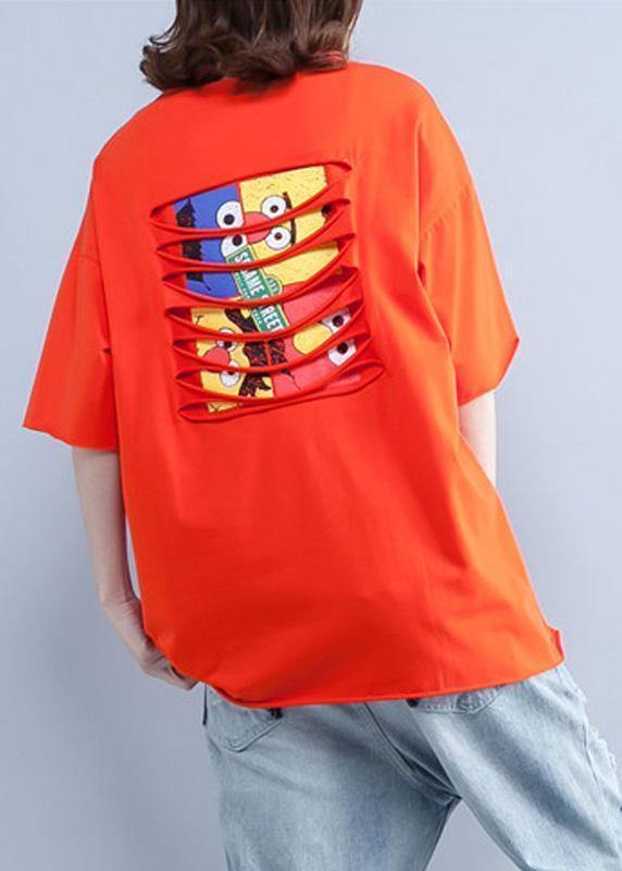 Handmade orange cotton clothes For Women prints o neck short summer shirt - SooLinen