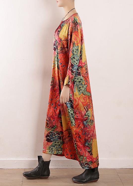 Handmade orange print chiffon Robes Korea Wardrobes o neck Maxi fall Dresses - SooLinen