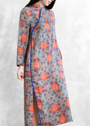 Handmade orange print linen clothes For Women stand collar side open cotton Dresses - SooLinen