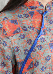 Handmade orange print linen clothes For Women stand collar side open cotton Dresses - SooLinen