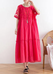 Handmade organza patchwork cotton o neck summer Catwalk red Kaftan Dress - SooLinen