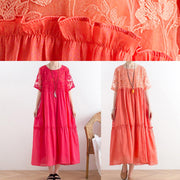 Handmade organza patchwork cotton o neck summer Catwalk red Kaftan Dress - SooLinen