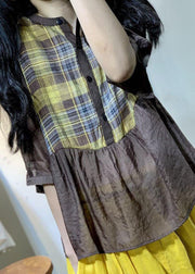 Handmade patchwork cotton blouses for women pattern khaki shirt fall - SooLinen