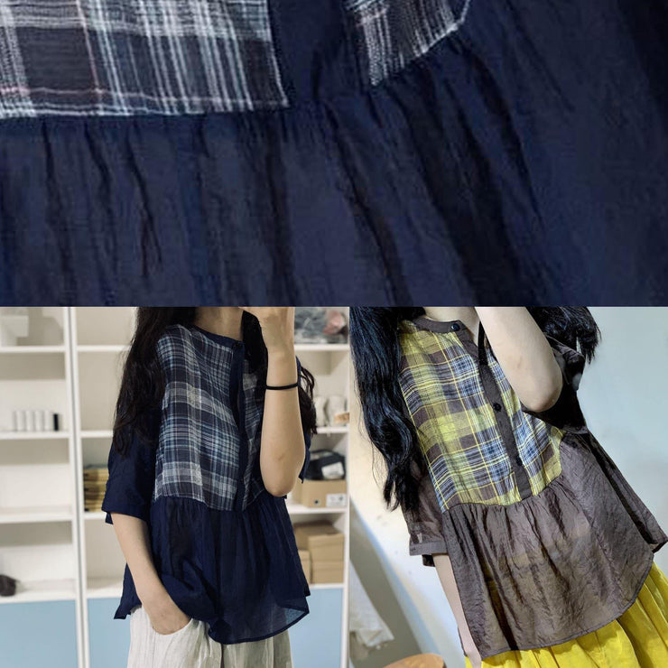 Handmade patchwork cotton blouses for women pattern khaki shirt fall - SooLinen