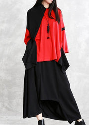 Handmade patchwork cotton spring shirts black red top - SooLinen