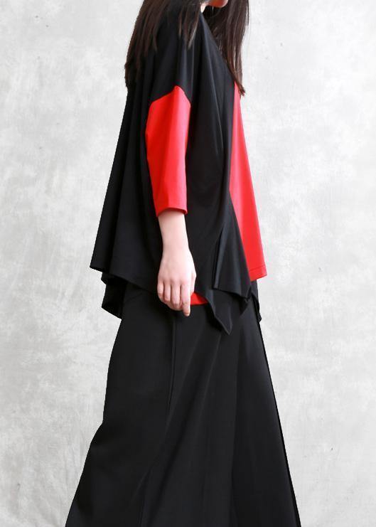 Handmade patchwork cotton spring shirts black red top - SooLinen