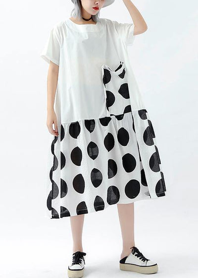Handmade patchwork pockets linen cotton dresses Photography white dotted Dress summer - SooLinen