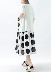 Handmade patchwork pockets linen cotton dresses Photography white dotted Dress summer - SooLinen