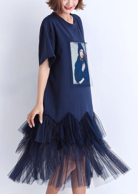 Handgefertigte Patchwork-Tüll-Baumwollkleidung für Frauen 2019 Fotografie dunkelblaues Midikleid Sommer