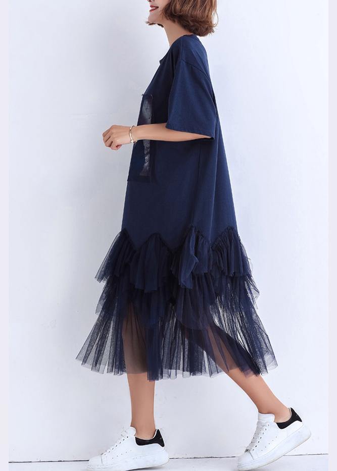 Handmade patchwork tulle Cotton clothes For Women 2021 Photography dark blue Midi Dress Summer - SooLinen