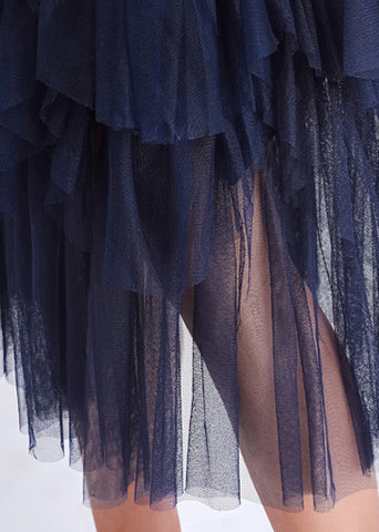 Handgefertigte Patchwork-Tüll-Baumwollkleidung für Frauen 2019 Fotografie dunkelblaues Midikleid Sommer