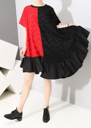 Handmade pattern Fun Short Sleeve Asymmetrical Round Neck Dress - SooLinen