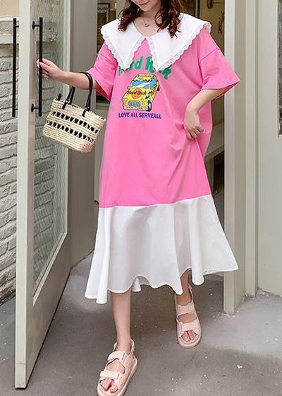 Handmade pink Cartoon print tunics for women Ruffled patchwork Dress - SooLinen