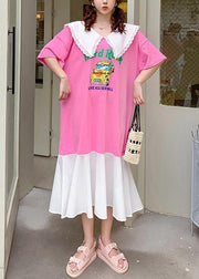 Handmade pink Cartoon print tunics for women Ruffled patchwork Dress - SooLinen