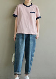 Handmade pink cotton tunic top o neck short sleeve summer tops - SooLinen