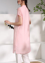 Handmade pink stand collar embroidery Dress - SooLinen