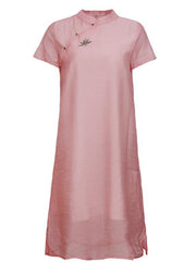Handmade pink stand collar embroidery Dress - SooLinen