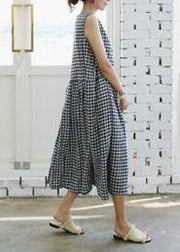 Handmade plaid linen Wardrobes Cinched o neck Plus Size Clothing summer Dress - SooLinen