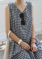 Handmade plaid linen Wardrobes Cinched o neck Plus Size Clothing summer Dress - SooLinen