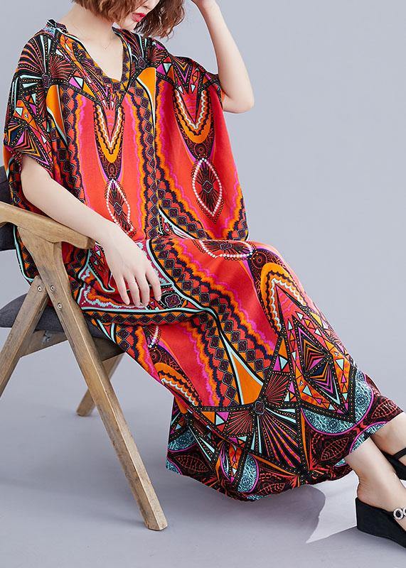 Handmade prints cotton Wardrobes Runway red v neck A Line Dresses summer - SooLinen