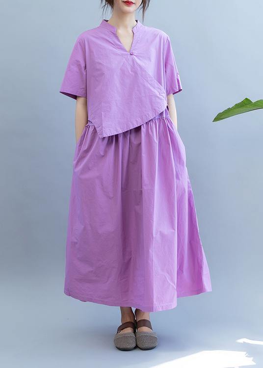Handmade purple dress v neck patchwork Dress - SooLinen