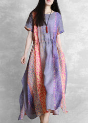Handmade purple print dress o neck drawstring Robe Dress - SooLinen